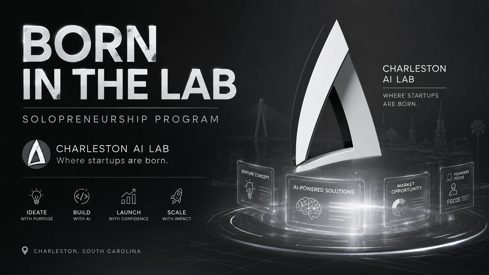 Born in the Lab — the Solopreneurship Program at Charleston AI Lab, Charleston, South Carolina. Ideate with purpose, build with AI, launch with confidence, scale with impact.